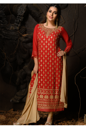 Red Color Designer Viscose Straight Cut Suit